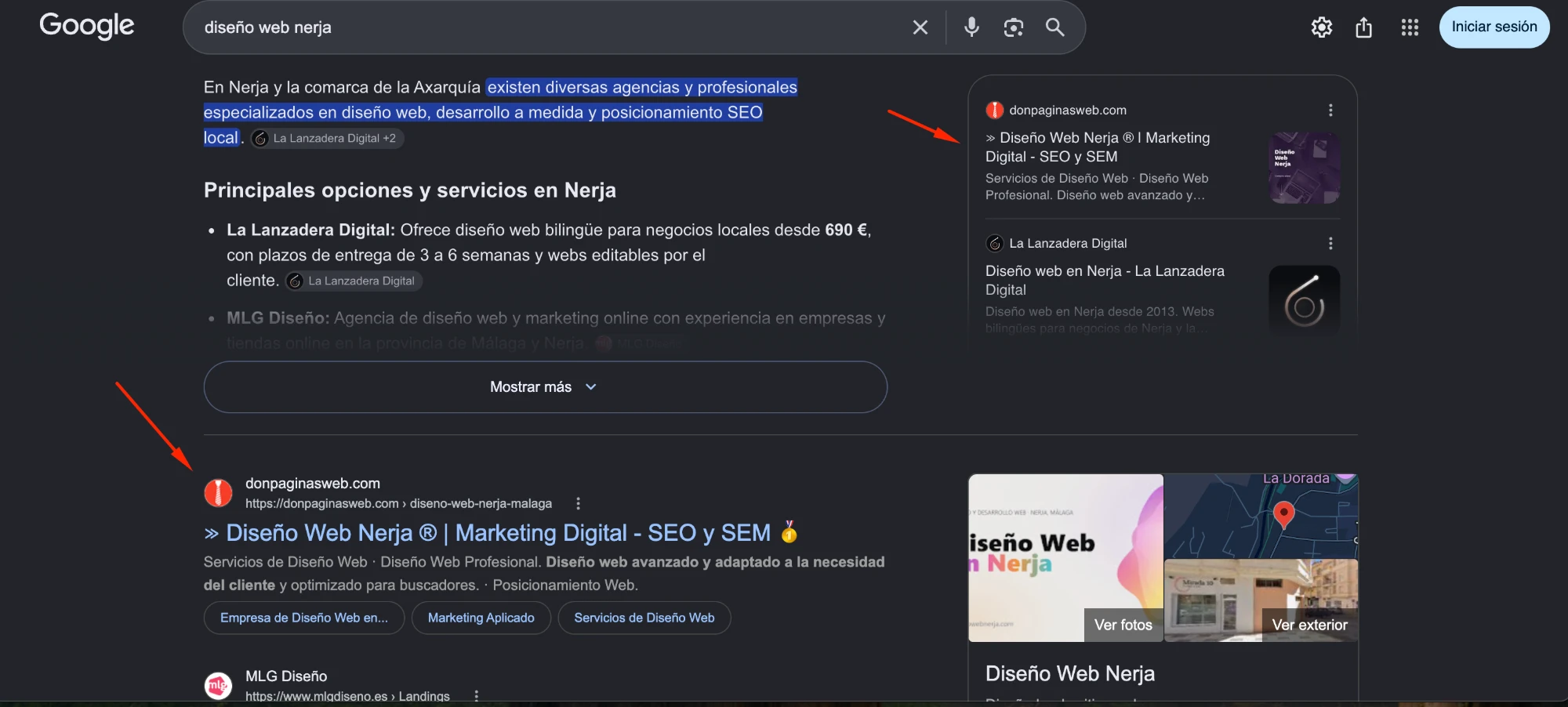 Resultados de Google sin sesión: donpaginasweb.com es el primer resultado web, con su título de siempre y, a la derecha, otra vez la web; encima, la respuesta de IA de Google cita a otras agencias