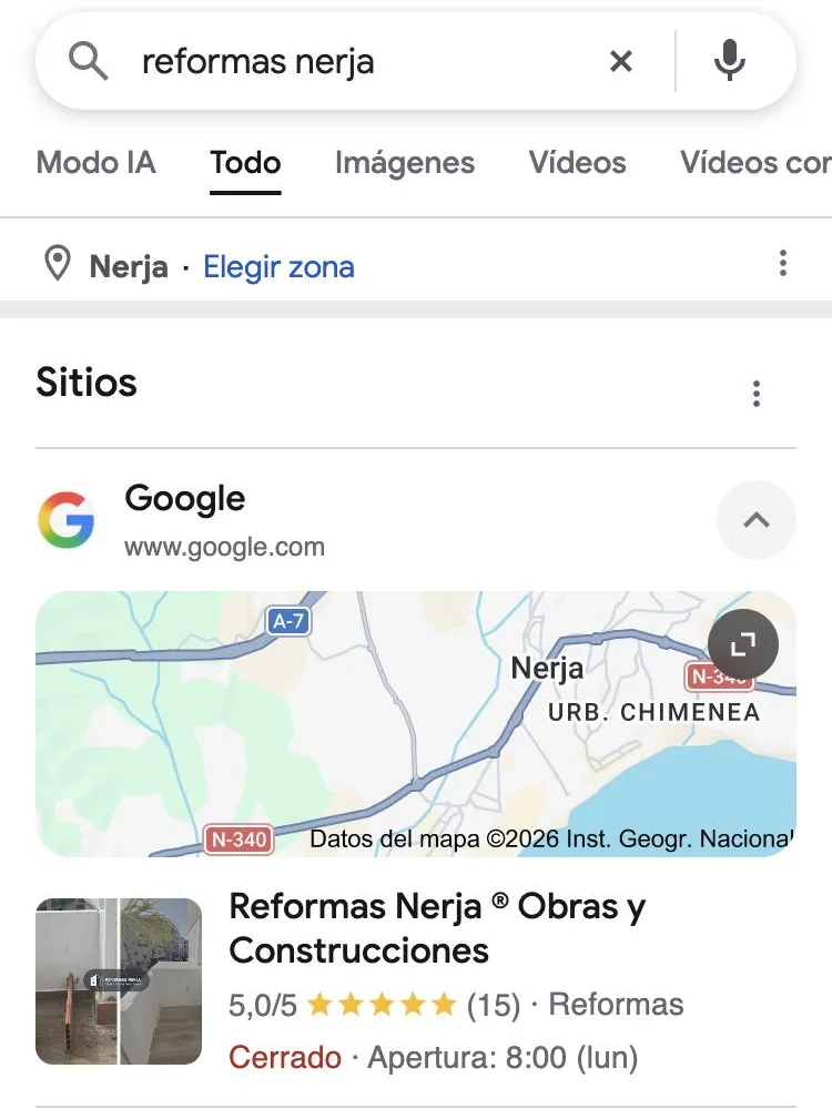 Resultado de Google para «reformas nerja»: Reformas Nerja ® Obras y Construcciones aparece la primera en el mapa con 5,0 estrellas