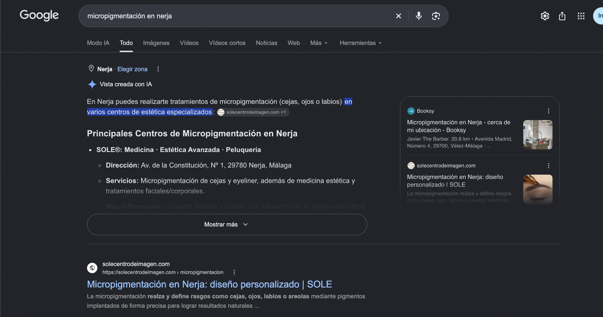 Google en incógnito, búsqueda «micropigmentación en nerja»: la Vista creada con IA lista SOLE como primer centro de micropigmentación de Nerja, cita solecentrodeimagen.com y su página es el primer resultado web
