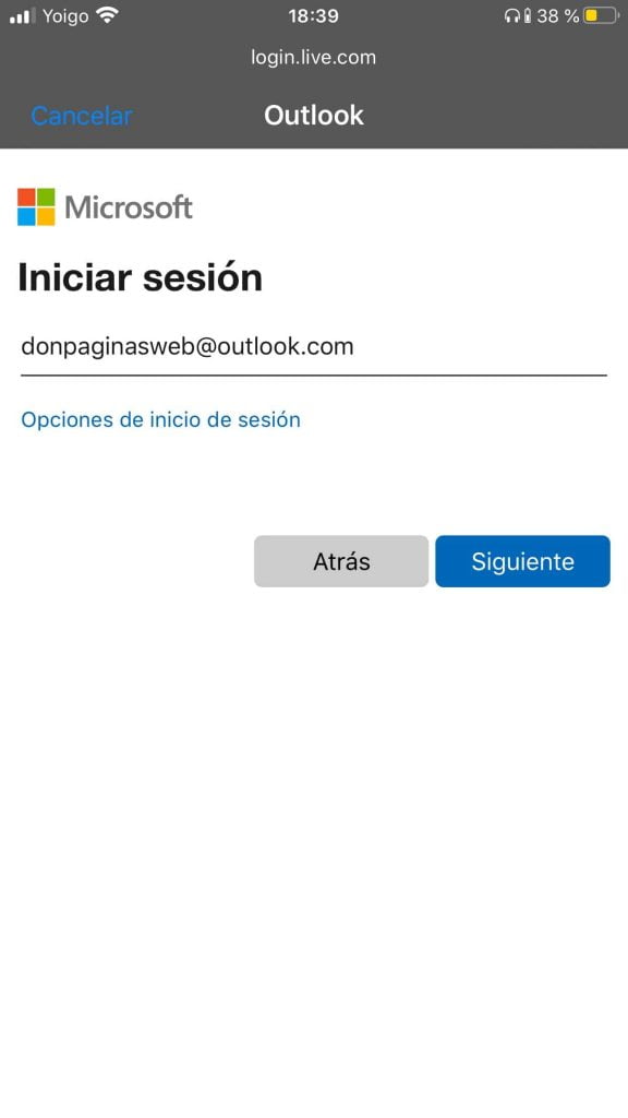 Iniciar sesiÃ³n en hotmail/outlook iOS