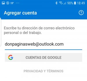 Introduce tu cuenta de Hotmail / Outlook en el dispositivo Android